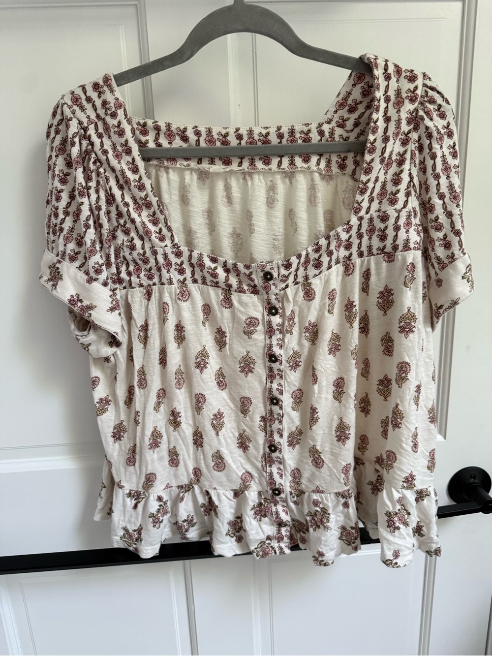 Lucky Brand Cream Blouse with Burgundy Floral Print